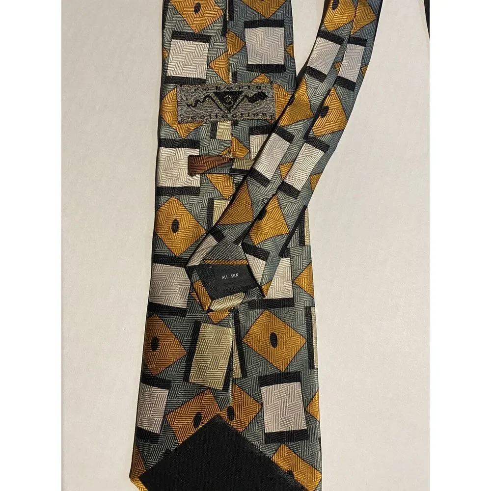 Gold Roberta Collection Mens 100% Silk Tie Made In Italy Geometric Gold/Slvr/Blu